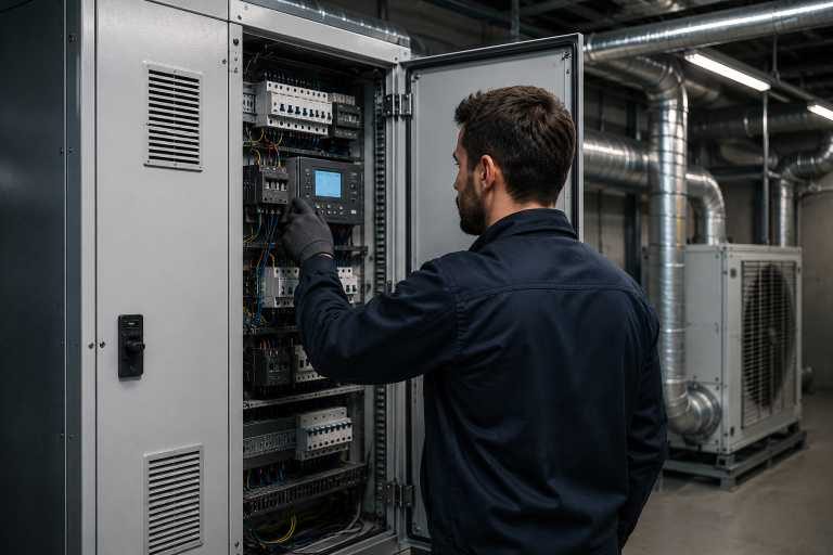 Technicien devant un tableau électrique
